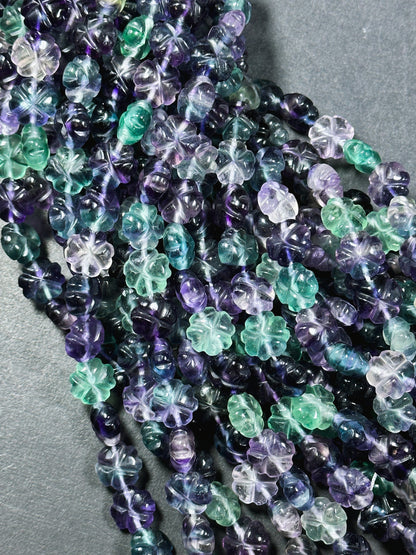 AAA Natural Fluorite Gemstone Bead, Hand Carved 12mm Flower Shape Bead, Beautiful Natural Purple Green Color Fluorite Bead Full Strand 15.5"