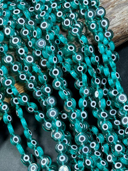 Beautiful Evil Eye Glass Beads 6mm 8mm 10mm Flat Coin Shape, Beautiful Turquoise Green Color Evil Eye Glass Beads, Religious Amulet Prayer Beads