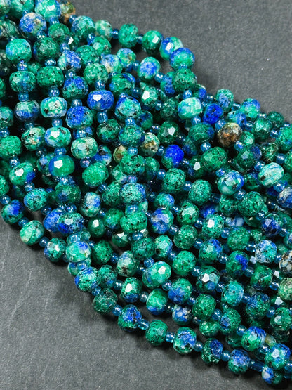 Natural Azurite Gemstone Faceted 8x6mm Rondelle Shape Beads, Beautiful Natural Green Blue Color Azurite Gemstone Beads Great Quality 15.5"