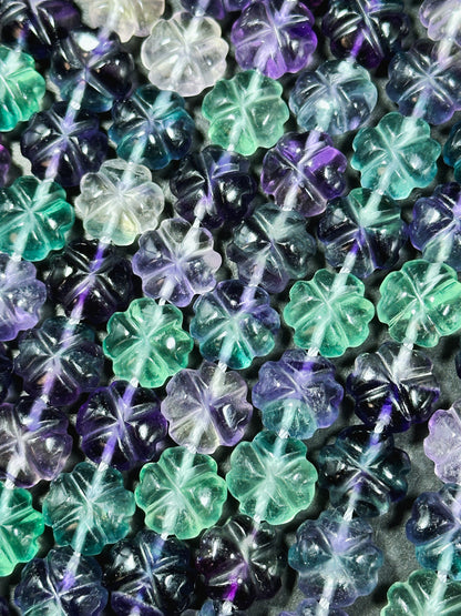 AAA Natural Fluorite Gemstone Bead, Hand Carved 12mm Flower Shape Bead, Beautiful Natural Purple Green Color Fluorite Bead Full Strand 15.5"