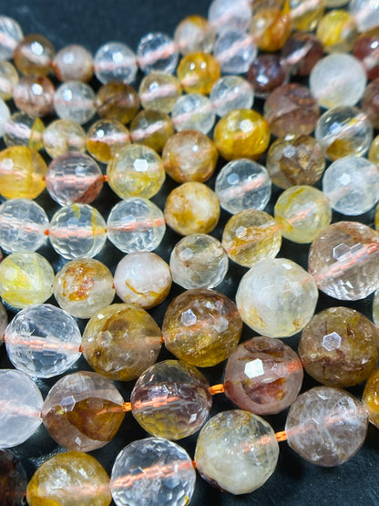 Natural Rutilated Golden Healer Quartz Gemstone Bead Faceted 6mm 8mm 10mm Round Bead, Beautiful Golden Yellow Clear Quartz Bead 15.5" Strand