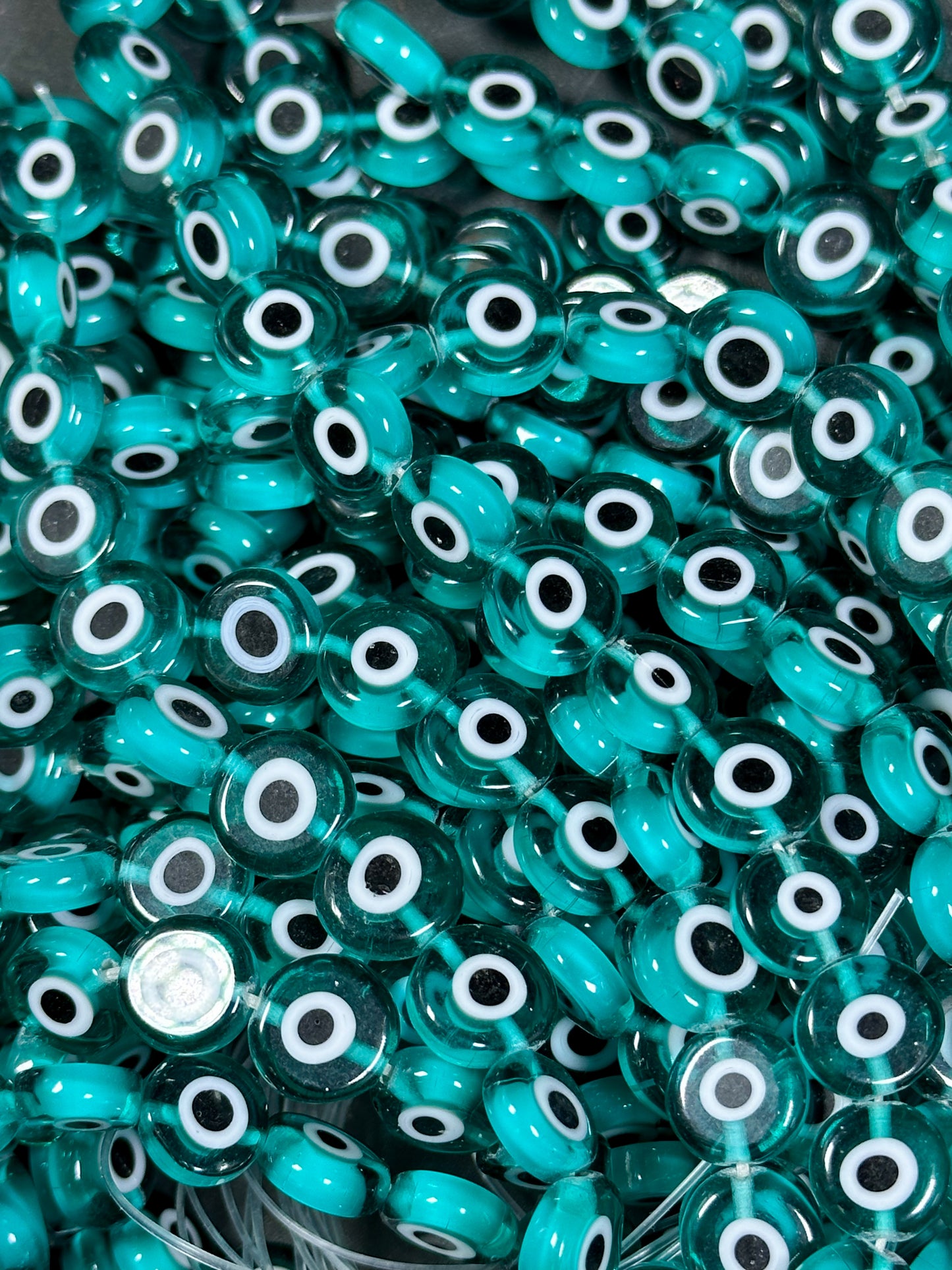 Beautiful Evil Eye Glass Beads 6mm 8mm 10mm Flat Coin Shape, Beautiful Turquoise Green Color Evil Eye Glass Beads, Religious Amulet Prayer Beads