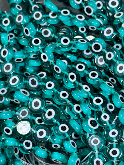 Beautiful Evil Eye Glass Beads 6mm 8mm 10mm Flat Coin Shape, Beautiful Turquoise Green Color Evil Eye Glass Beads, Religious Amulet Prayer Beads