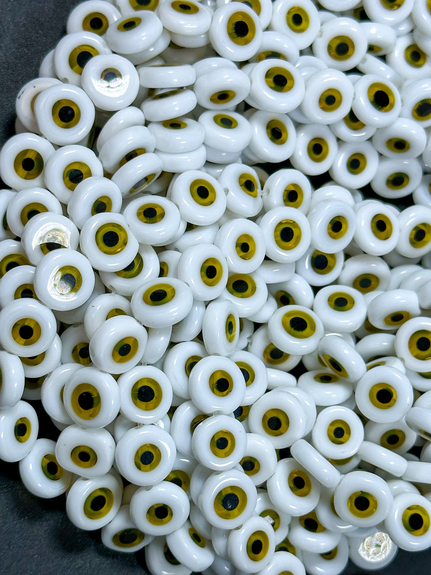 Beautiful Evil Eye Glass Beads 6mm 10mm Flat Coin Shape, Beautiful White with Yellow Evil Eye Glass Beads, Religious Amulet Prayer Beads