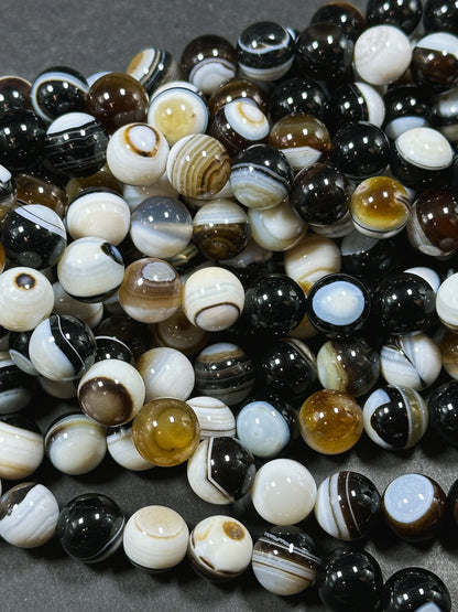 Natural Agate Gemstone Bead 12mm Round Beads, Beautiful Natural Multicolor White Brown Black Color Swirly Agate Gemstone Beads 15.5" Strand