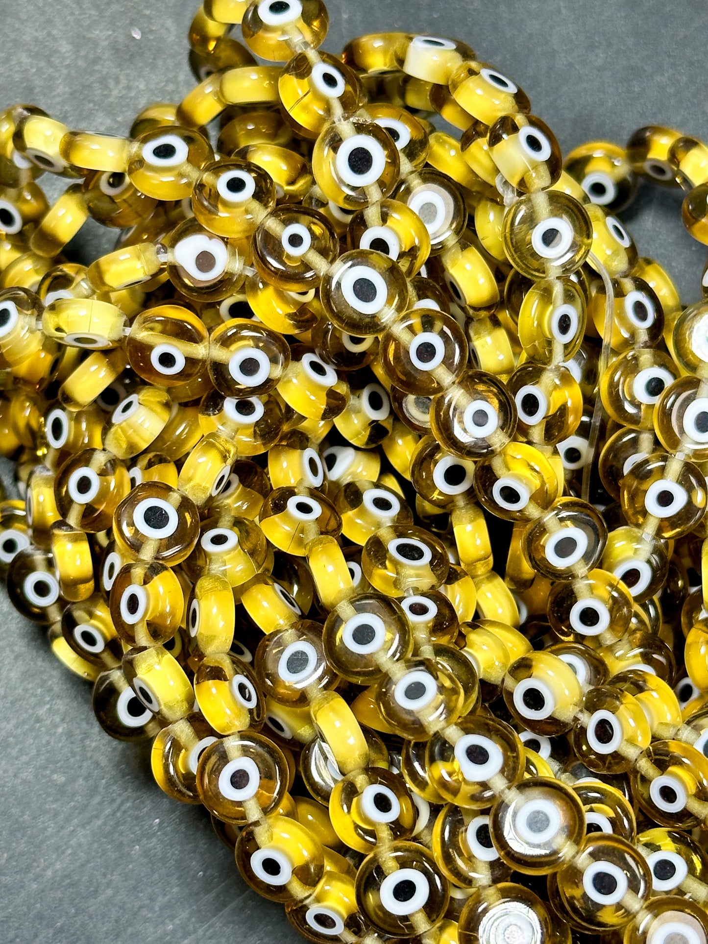 Beautiful Evil Eye Glass Beads 6mm 8mm Flat Coin Shape, Beautiful Yellow Clear Evil Eye Beads, Religious Amulet Prayer Beads