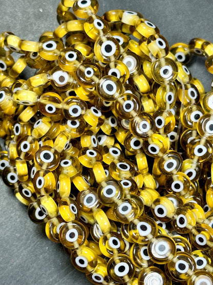 Beautiful Evil Eye Glass Beads 6mm 8mm Flat Coin Shape, Beautiful Yellow Clear Evil Eye Beads, Religious Amulet Prayer Beads