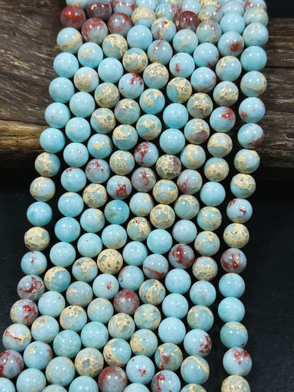 Natural Sea Sediment Jasper Gemstone Bead 6mm 8mm 10mm Round Beads, Beautiful Blue Red Beige Color Imperial Jasper Beads Full Strand 15.5"