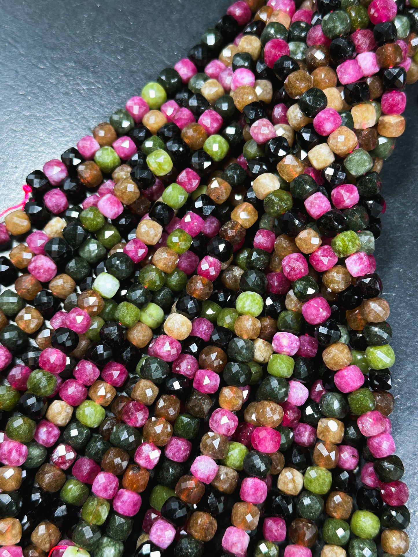 Natural Tourmaline Gemstone Bead Faceted 5mm 7mm Cube Shape, Beautiful Multicolor Black Pink Green Brown Tourmaline Bead, Full 15.5" Strand