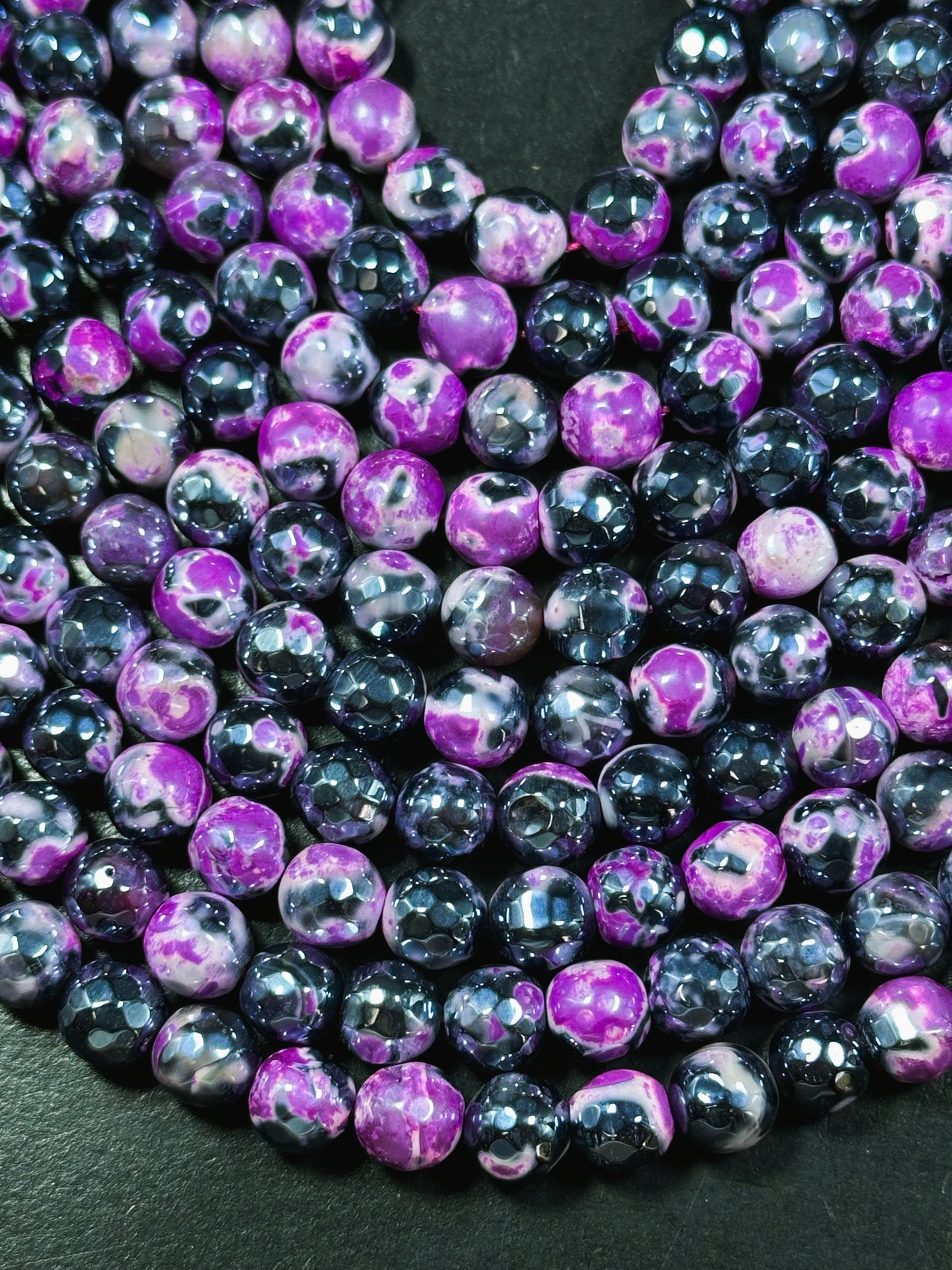 Mystic Natural Tibetan Agate Gemstone Bead Faceted 8mm 10mm Round Beads, Beautiful Mystic Black Pink Agate Stone Beads, Full Strand 15.5"