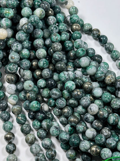 NATURAL Pyrite in Green Jade Gemstone Bead 6mm 8mm 10mm Round Beads. Gorgeous Green Color Copper Ore Gemstone Loose Beads Full Strand 15.5"