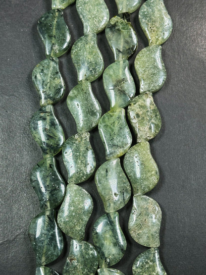 Natural Prehnite Gemstone Bead 29x18mm Wave Shape Bead, Beautiful Natural Green Prehnite Stone Bead w/ Epidote Inclusions, Full Strand 15.5"