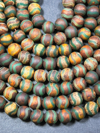 Natural Tibetan Agate Gemstone Bead 6mm 10mm 12mm Round Bead, Beautiful Brown Green Wave Design Tibetan Agate Gemstone Full Strand 15.5”