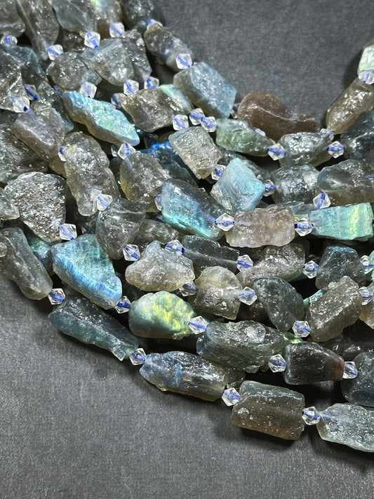 Natural Raw Labradorite Gemstone Bead Freeform Nugget Shape, Beautiful Natural Gray Color Rainbow Blue Flash Labradorite Beads 15.5" Strand