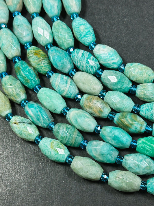 Natural Amazonite Gemstone Bead Faceted 15x10mm Barrel Shape, Gorgeous Natural Green Blue Color Amazonite Gemstone Bead Full Strand 15.5"