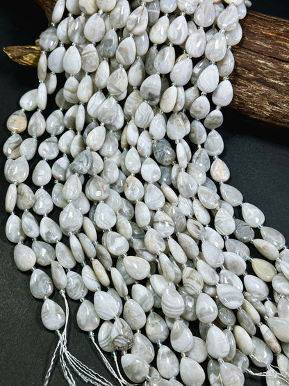 Natural White Lace Agate Gemstone Bead 18x13mm Teardrop Shape, Gorgeous White Gray Color Agate Gemstone Bead Great Quality Full Strand 15.5"