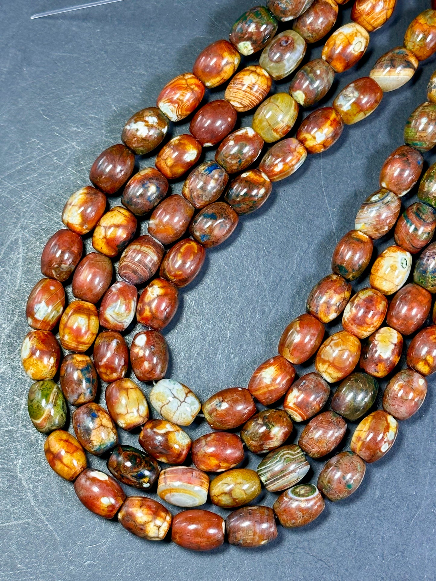 AAA NATURAL Tibetan Gemstone Bead 13x10mm Barrel Shape Bead, Gorgeous Multicolor Brown Orange Blue Color Tibetan Stone Beads Full Strand