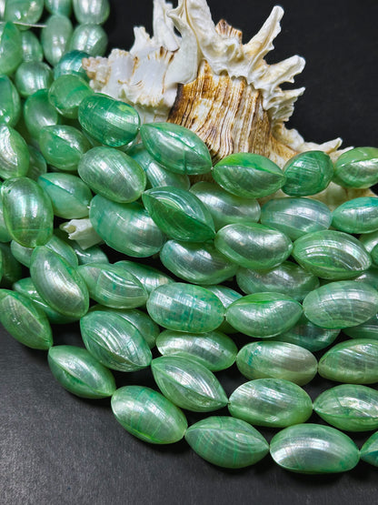 Natural Green Sea Shell Beads, Natural 24x12mm Sea Shell Oval Shape Beads, Gorgeous Spring Green Color Sea Shell Beads, 15.5" Strand