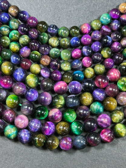 Multicolor Green Galaxy Tiger Eye Gemstone 6mm 8mm 10mm Round Beads, Gorgeous Multicolor Green Purple Teal Color Galaxy Tiger Eye Beads 15.5"