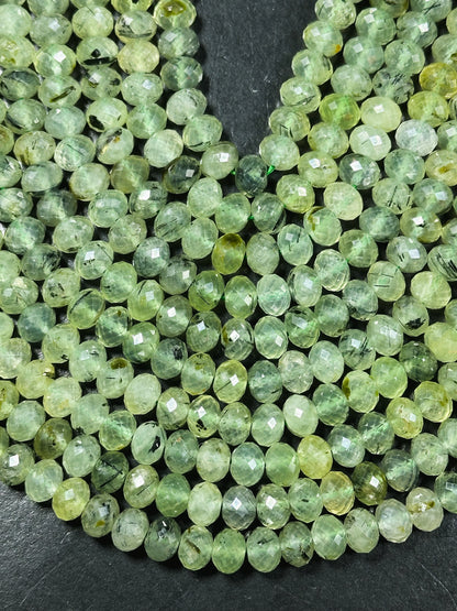 AAA Natural Prehnite Gemstone Bead Faceted 7x5mm Rondelle Shape, Natural Green Prehnite with Black Inclusions, Excellent Quality Full Strand 15.5"