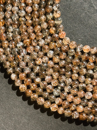 AAA Natural Rutilated Quartz Gemstone Bead 6mm Round Beads, Beautiful Natural Clear Brown Rutilated Quartz Stone Beads Full Strand 15.5"