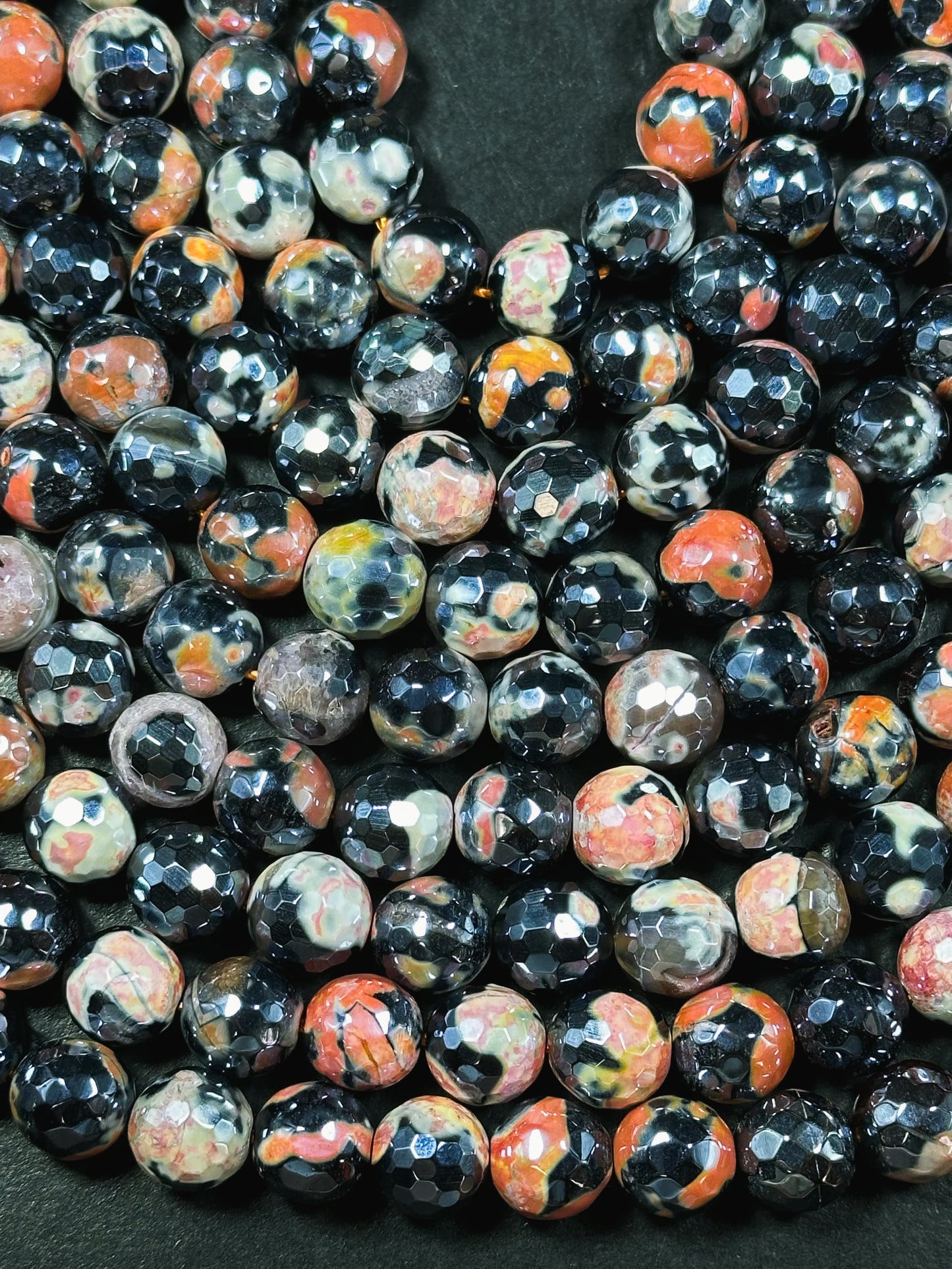 Mystic Natural Tibetan Agate Gemstone Bead Faceted 8mm 10mm Round Beads, Beautiful Mystic Orange Black Agate Stone Beads, Full Strand 15.5"