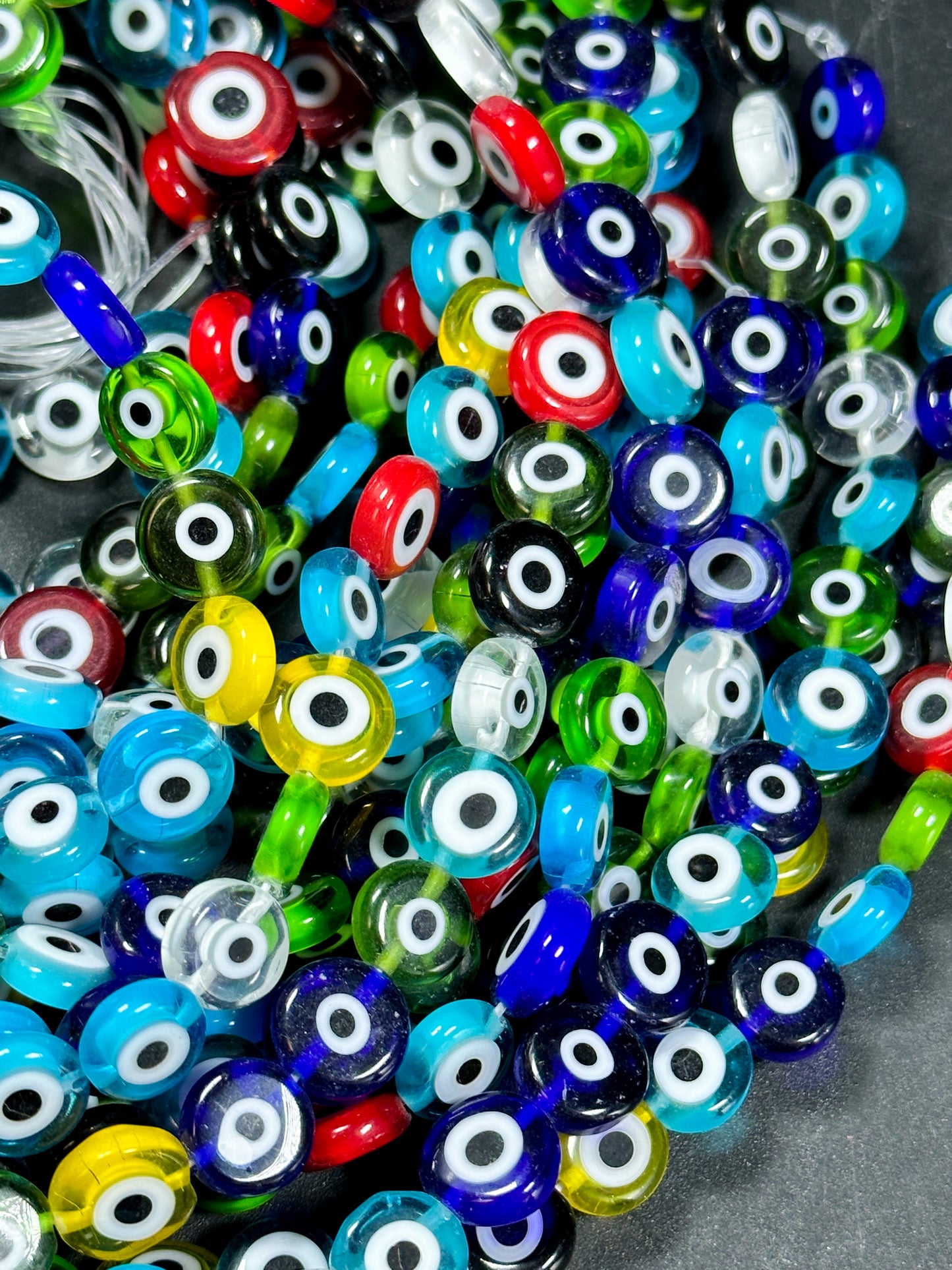 Beautiful Evil Eye Glass Beads 6mm 10mm Flat Coin Shape, Beautiful Multicolor Rainbow Evil Eye Glass Beads, Religious Amulet Prayer Beads