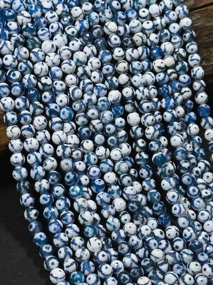 Natural Tibetan Agate Gemstone Bead Faceted 6mm Round Beads, Beautiful Hand Painted White Blue Color Eye Design Tibetan Bead Full 15" Strand