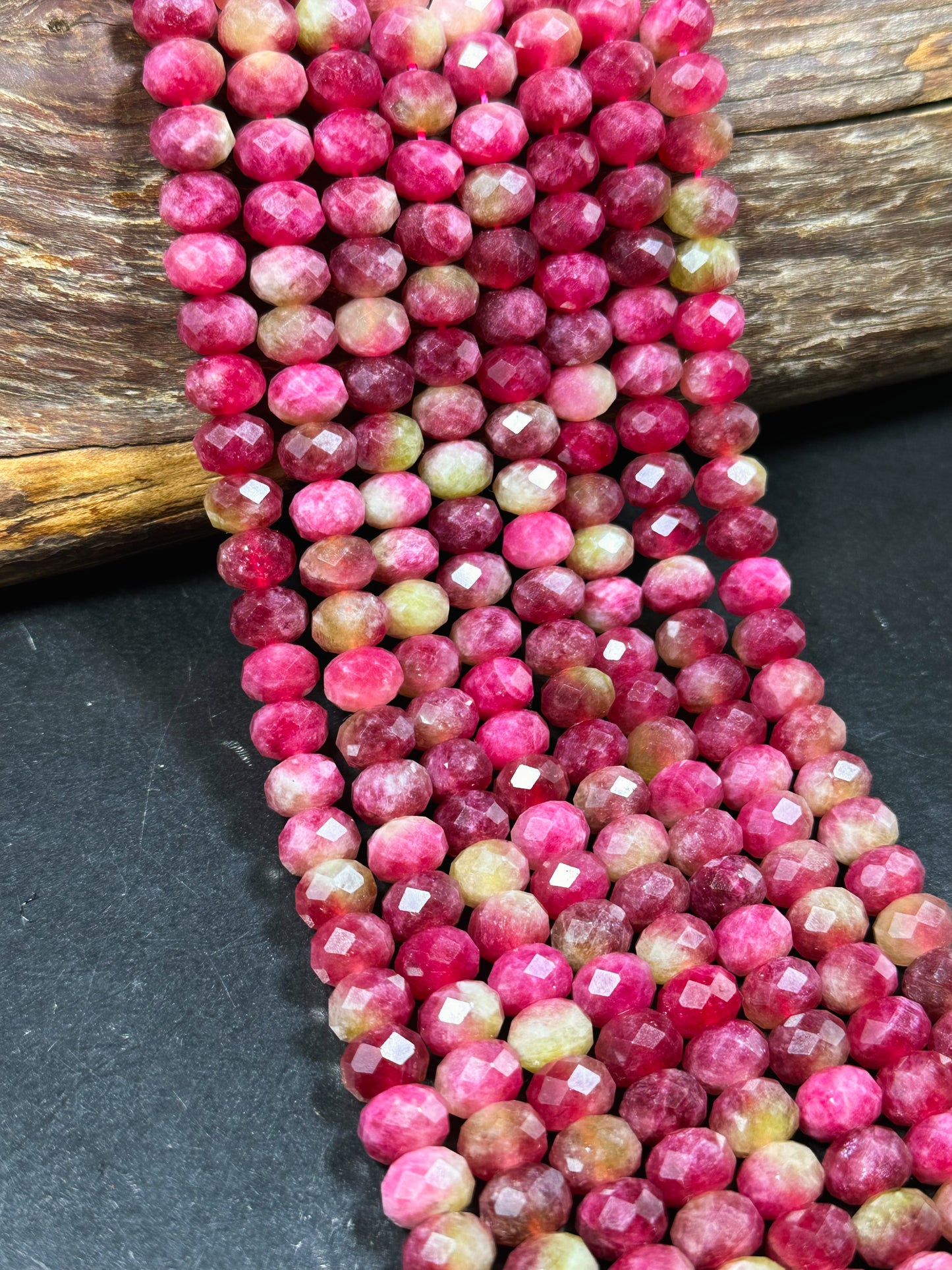 Natural Watermelon Tourmaline Quartz Gemstone Bead Faceted 10x7mm Rondelle Shape, Beautiful Red Pink Green Color Stone Bead, 15.5" Strand