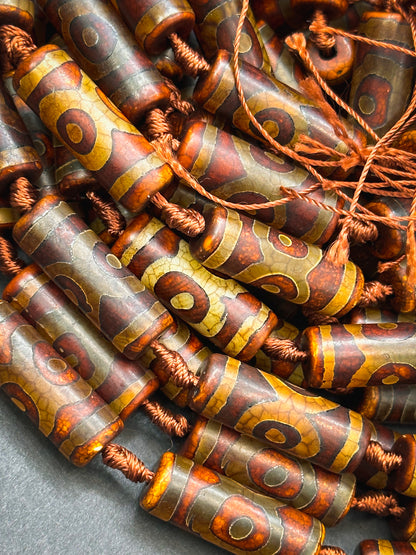 NATURAL Hand Painted Tibetan Agate Gemstone Bead 30x10mm Tube Shape Bead, Beautiful Brown Color Hand Painted Tibetan Beads Full Strand 15.5"