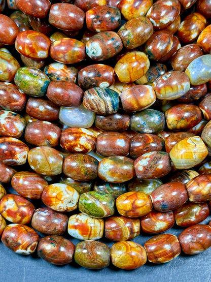 AAA NATURAL Tibetan Gemstone Bead 13x10mm Barrel Shape Bead, Gorgeous Multicolor Brown Orange Blue Color Tibetan Stone Beads Full Strand