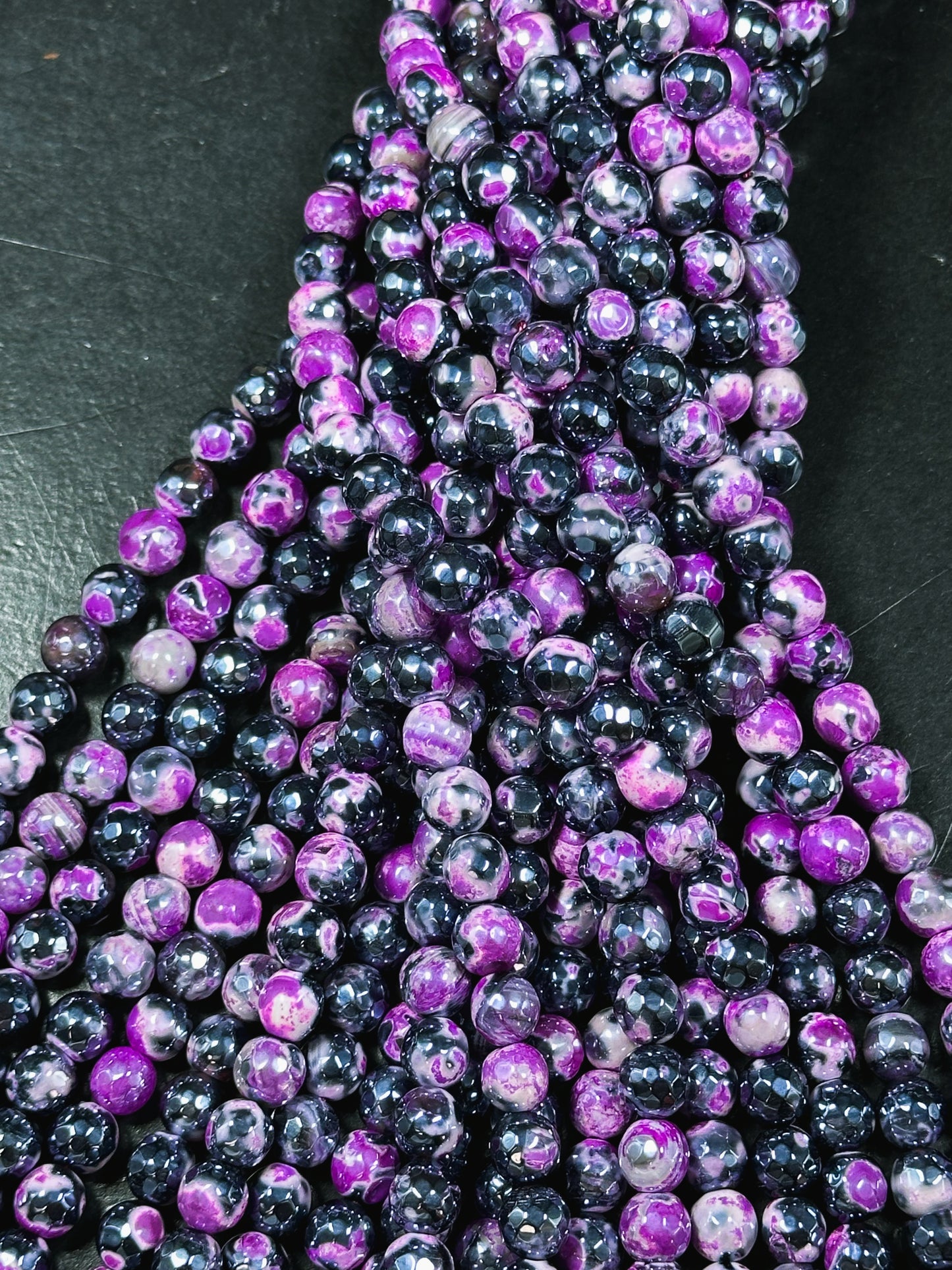 Mystic Natural Tibetan Agate Gemstone Bead Faceted 8mm 10mm Round Beads, Beautiful Mystic Black Pink Agate Stone Beads, Full Strand 15.5"