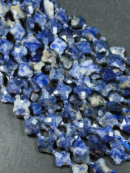 Natural Sodalite Gemstone Bead Faceted 12mm Clover Flower Shape Bead, Gorgeous Natural Blue White Color Sodalite Gemstone Beads 15.5" Strand