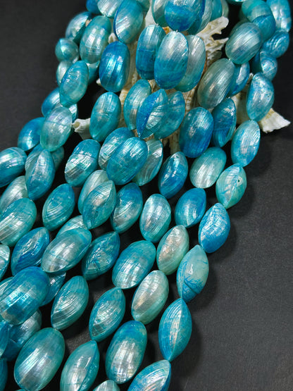 Natural Blue Sea Shell Beads, Natural 24x12mm Sea Shell Oval Shape Beads, Gorgeous Aqua Sea Blue Color Sea Shell Beads, 15.5" Strand