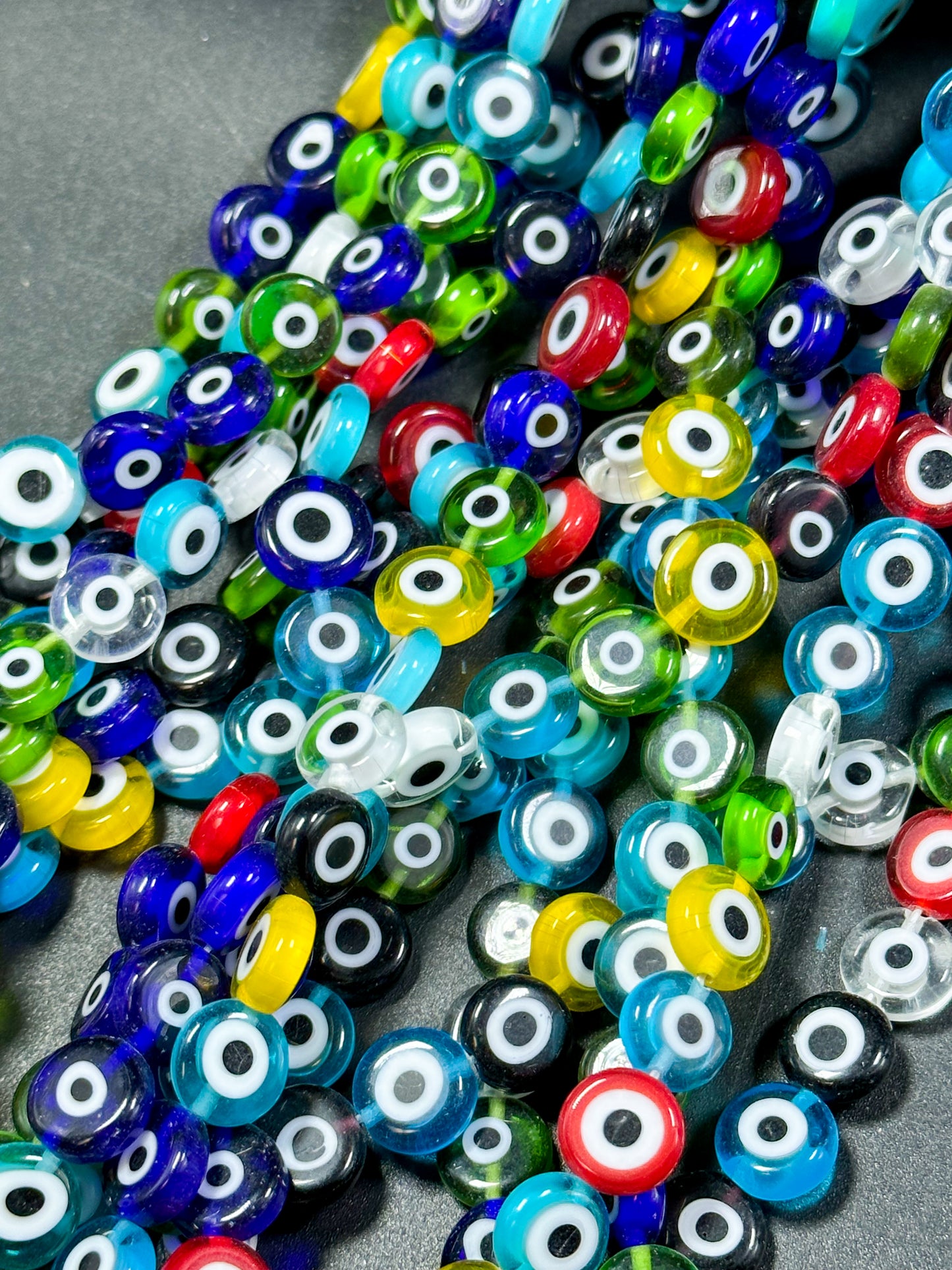 Beautiful Evil Eye Glass Beads 6mm 10mm Flat Coin Shape, Beautiful Multicolor Rainbow Evil Eye Glass Beads, Religious Amulet Prayer Beads