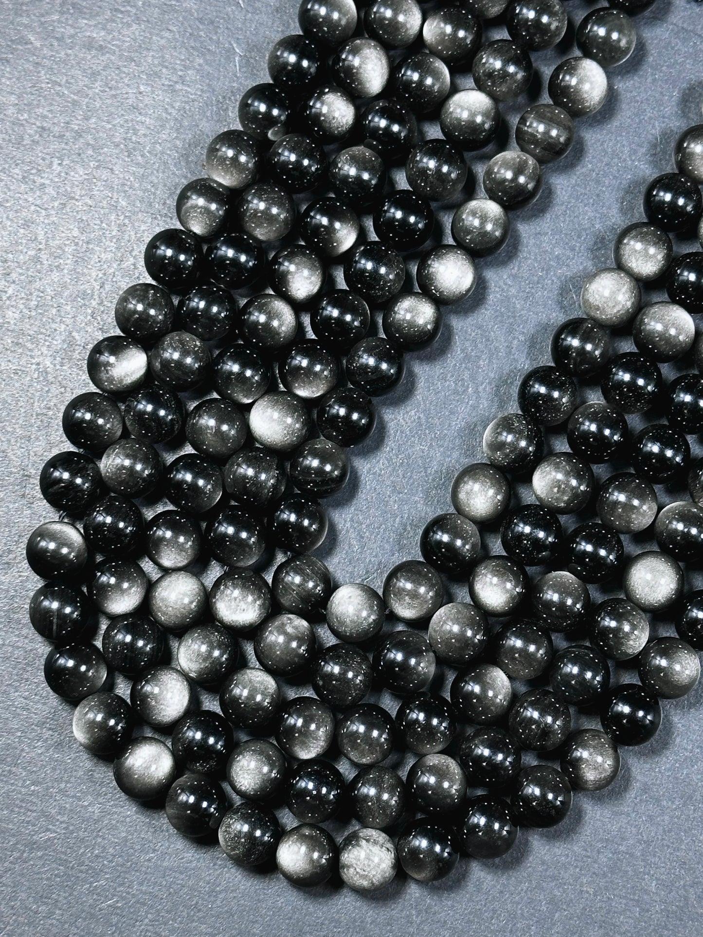 AAA Natural Silver Obsidian Gemstone Bead 6mm 8mm 10mm 12mm Round Bead, Gorgeous Black Silver Sheen Obsidian Beads, Excellent Quality Full Strand 15.5"