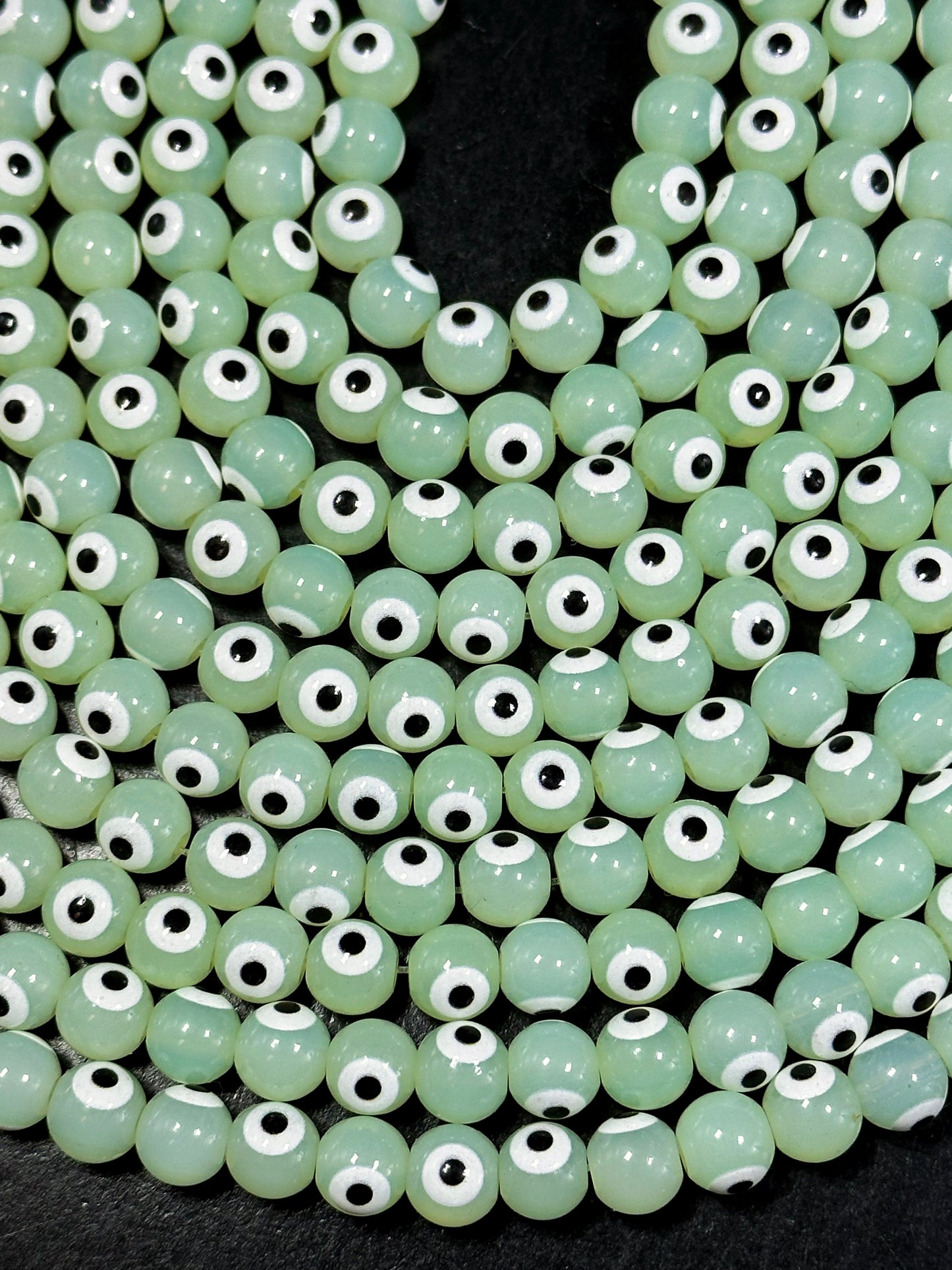 Beautiful Light Green Evil Eye Glass Beads 6mm 8mm Round Beads, Beautiful Light Green Evil Eye Amulet Glass Beads, Full Strand Glass Beads