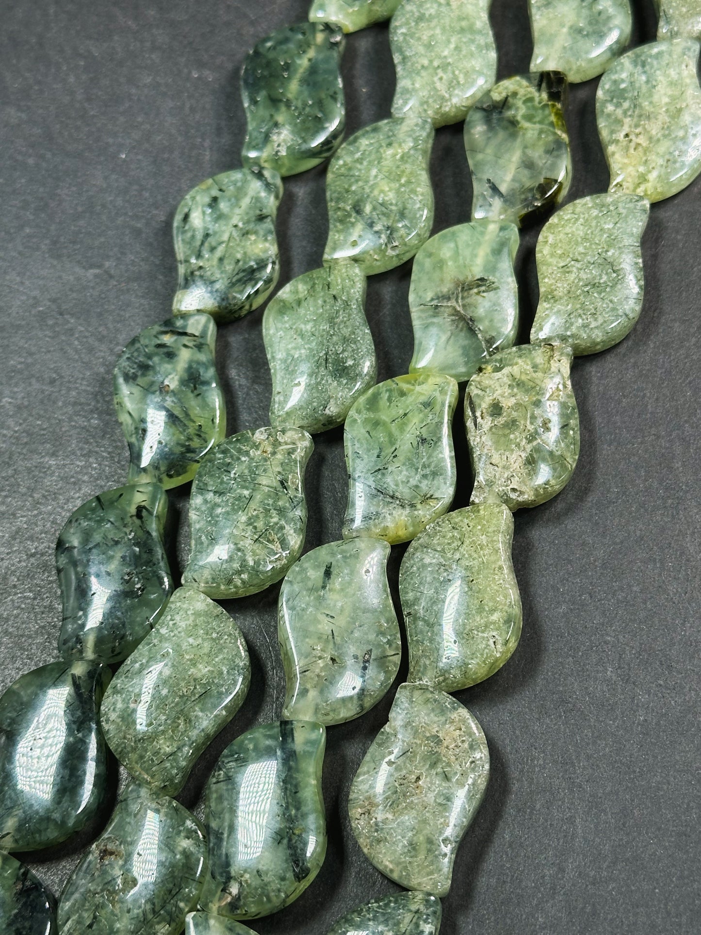 Natural Prehnite Gemstone Bead 29x18mm Wave Shape Bead, Beautiful Natural Green Prehnite Stone Bead w/ Epidote Inclusions, Full Strand 15.5"