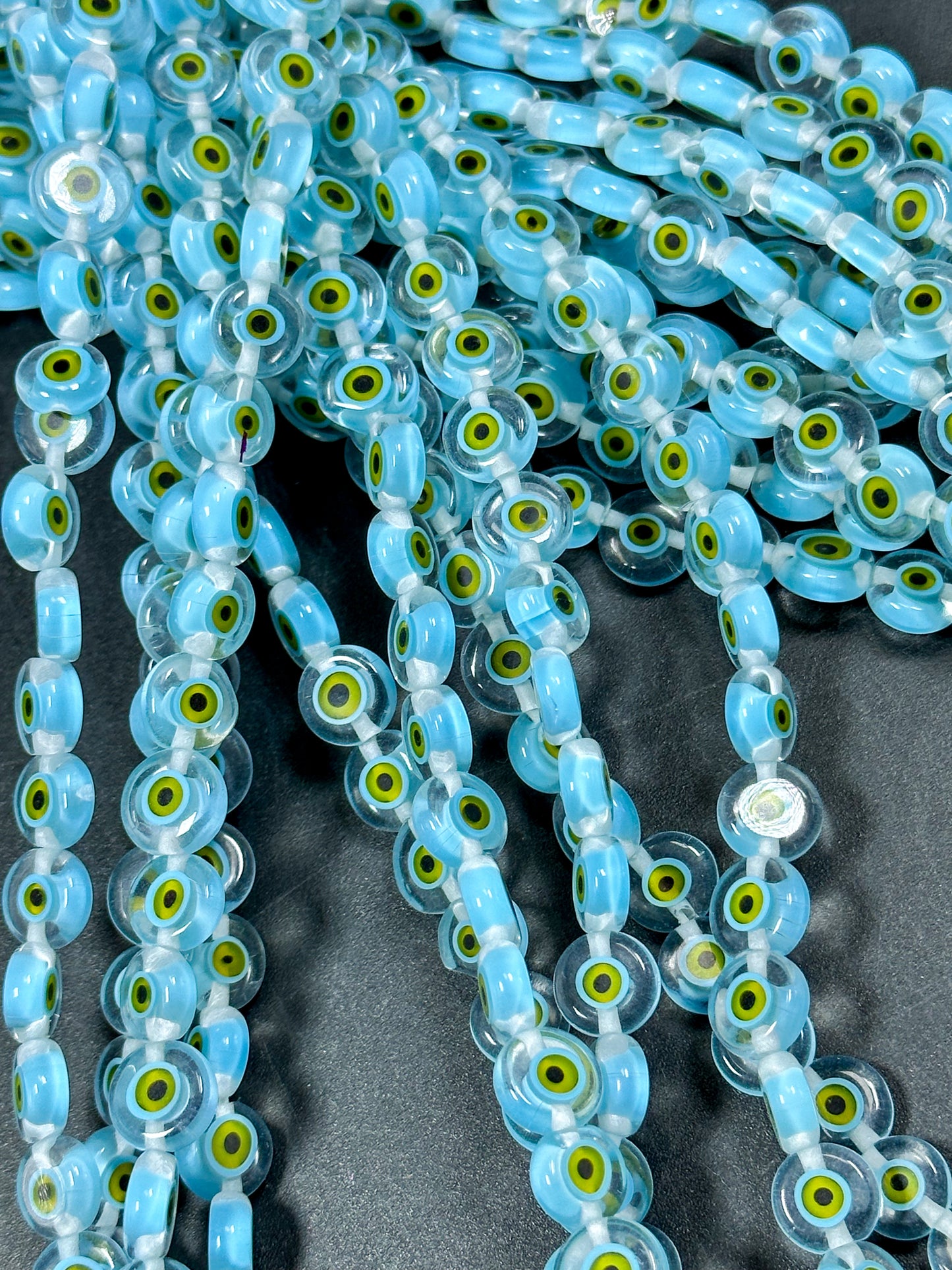 Beautiful Evil Eye Glass Beads 8mm Flat Coin Shape, Beautiful Aqua Blue Color with Yellow Eyes Evil Eye Beads, Religious Amulet Prayer Beads