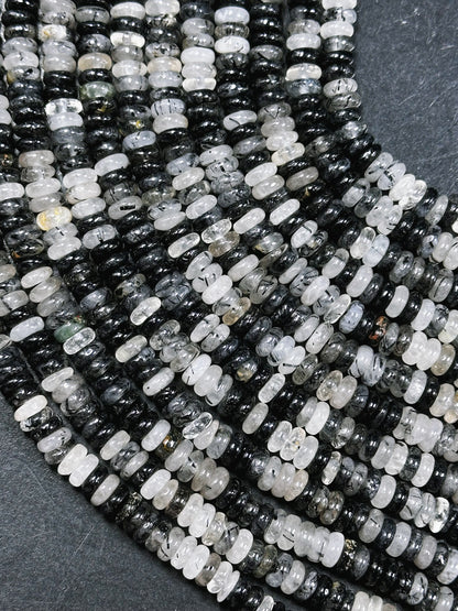 Natural Rutilated Quartz Gemstone Bead 6x2mm Rondelle Shape, Beautiful Natural Clear Black Color Rutilated Quartz Bead, Great Quality 15.5"