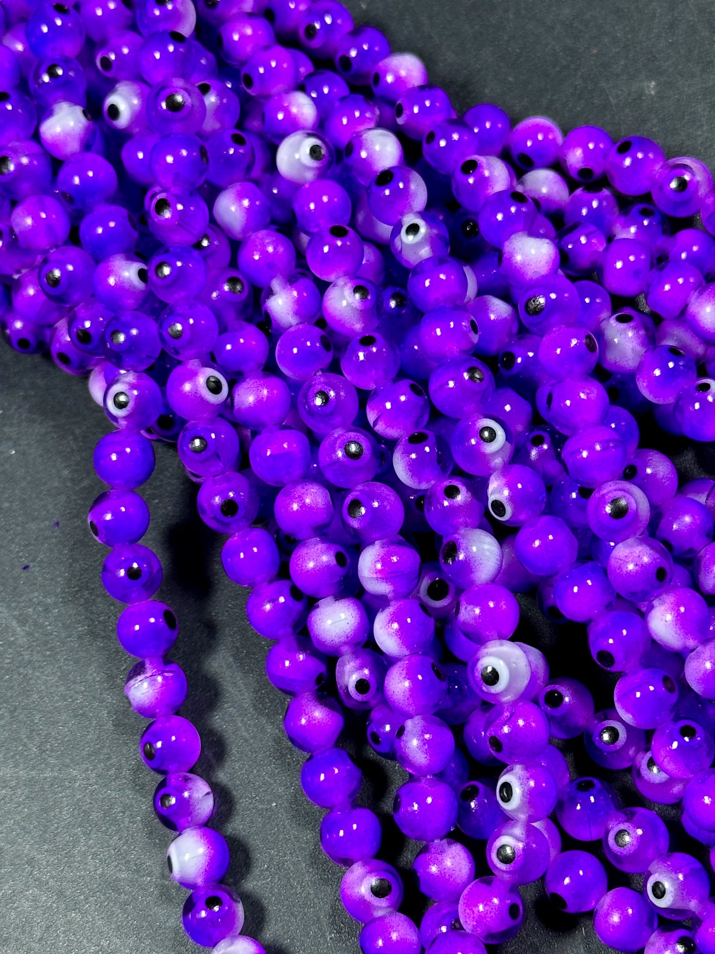 Beautiful Purple Evil Eye Glass Beads 6mm Round Beads, Beautiful Purple Clear Color Evil Eye Amulet Glass Beads, Full Strand Glass Beads