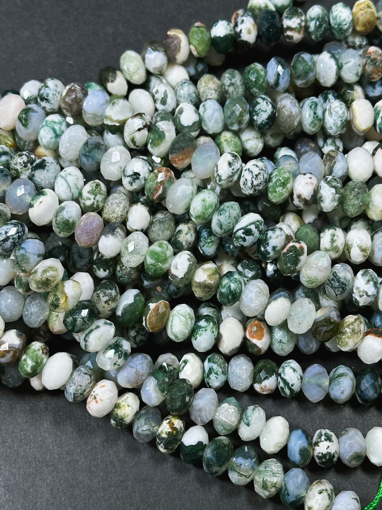 Natural Green Moss Agate Gemstone Bead Faceted Rondelle Shape Beads, Gorgeous Natural White Green Color Moss Agate Beads Full Strand 15.5"