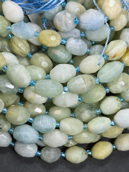 Natural Aquamarine Gemstone Bead Faceted 14x10mm Barrel Shape, Beautiful Natural Blue Green Color Aquamarine Great Quality Full Strand 15.5