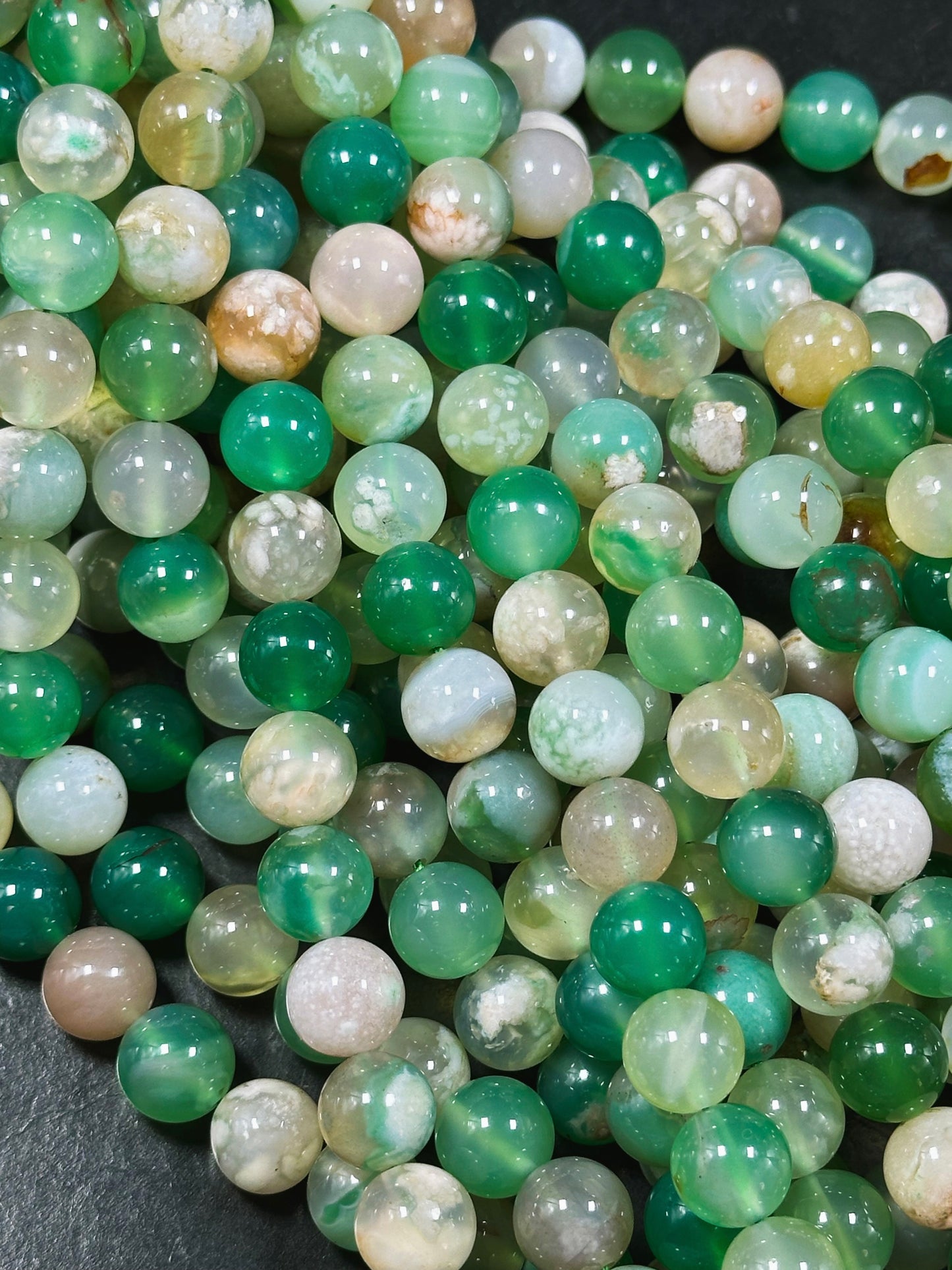 AAA Natural Green Blossom Flower Agate 6mm 8mm 10mm Round Beads, Beautiful Green Beige Color Flower Agate Beads, Excellent Quality Full Strand 15.5"