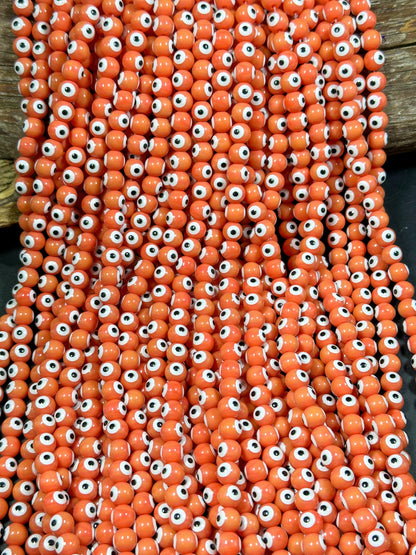 Beautiful Evil Eye Glass Beads 8mm Round Beads, Beautiful Orange Coral Color Evil Eye Amulet Glass Beads, Full Strand Glass Beads
