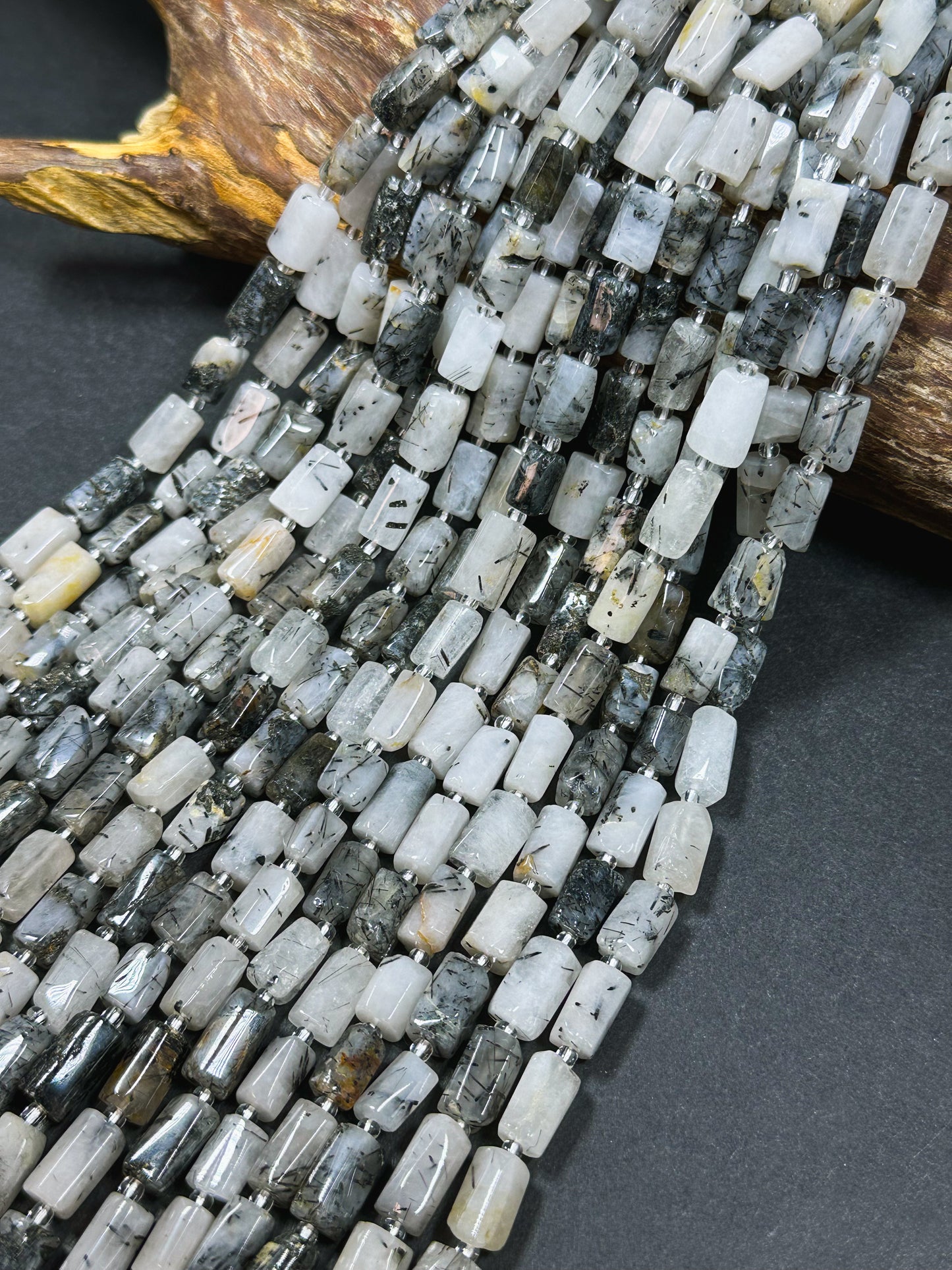 Natural Rutilated Quartz Gemstone Bead Faceted 12x8mm Tube Shape Bead, Beautiful Natural White Black Rutilated Quartz Bead Full Strand 15.5"