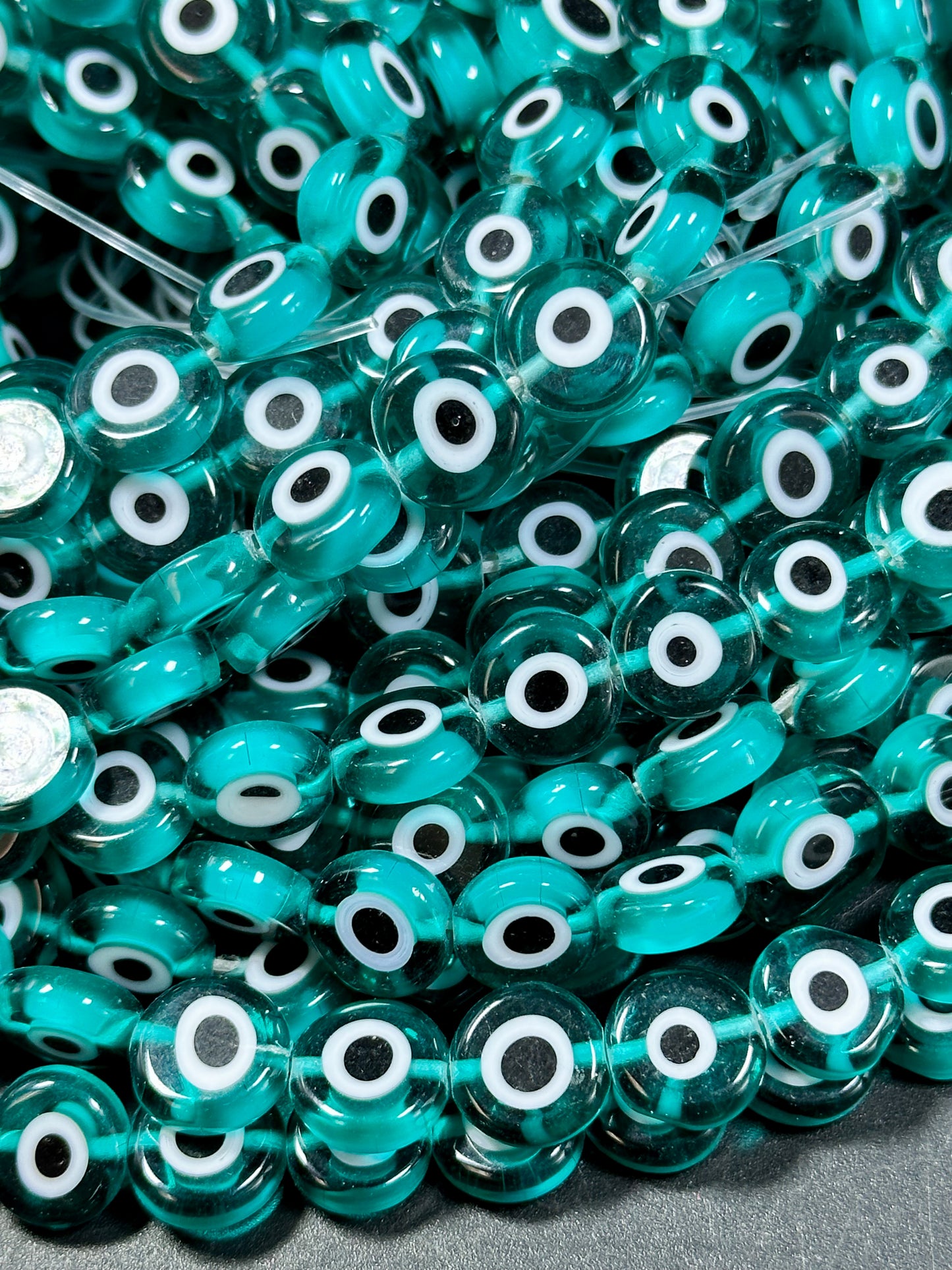 Beautiful Evil Eye Glass Beads 6mm 8mm 10mm Flat Coin Shape, Beautiful Turquoise Green Color Evil Eye Glass Beads, Religious Amulet Prayer Beads