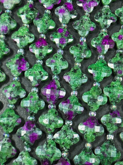 Natural Ruby Zoisite Gemstone Bead Faceted 12mm Clover Flower Shape Bead, Gorgeous Natural Green Ruby Color Ruby Zoisite Beads 15.5" Strand