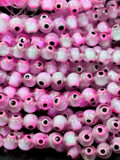 Beautiful Pink Evil Eye Glass Beads 4mm 6mm 8mm Round Beads, Beautiful Pink Clear Evil Eye Amulet Glass Beads, Full Strand Glass Beads