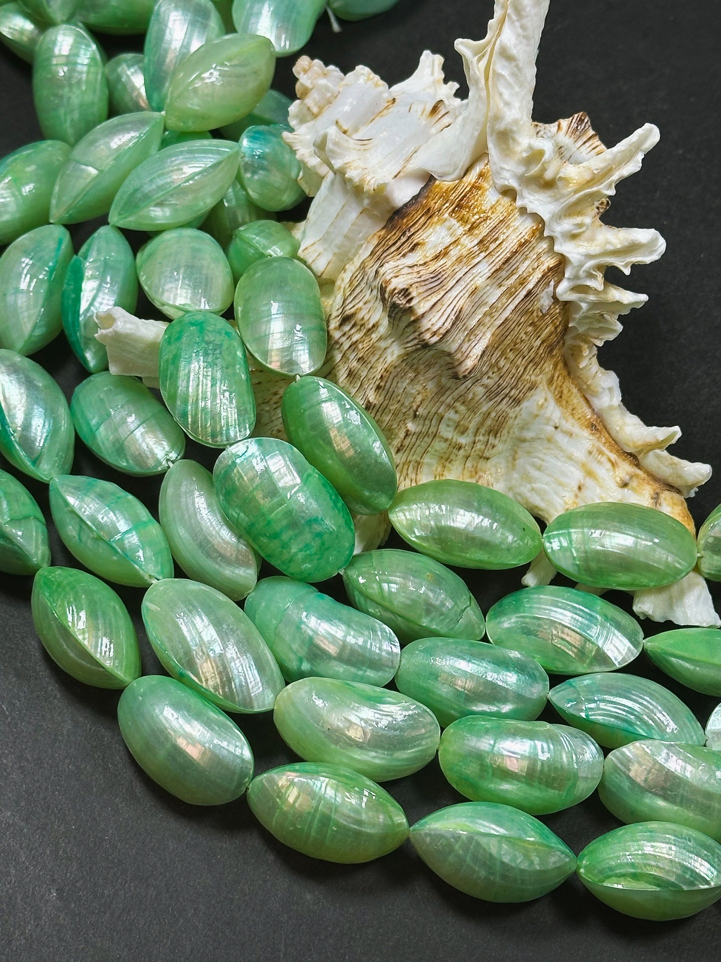 Natural Green Sea Shell Beads, Natural 24x12mm Sea Shell Oval Shape Beads, Gorgeous Spring Green Color Sea Shell Beads, 15.5" Strand